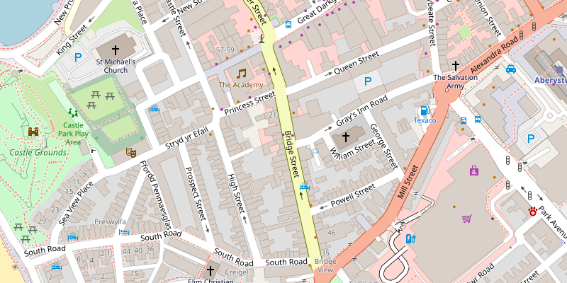 OpenStreetMap showing Tattoos and Stuff at 25 Bridge Street in central Aberystwyth, marked with a gold pin